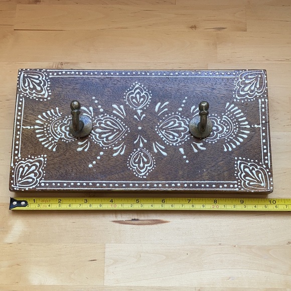 Urban Outfitters dark wood hand painted boho wall shelf w/ 2 hooks made in India - Picture 8 of 9